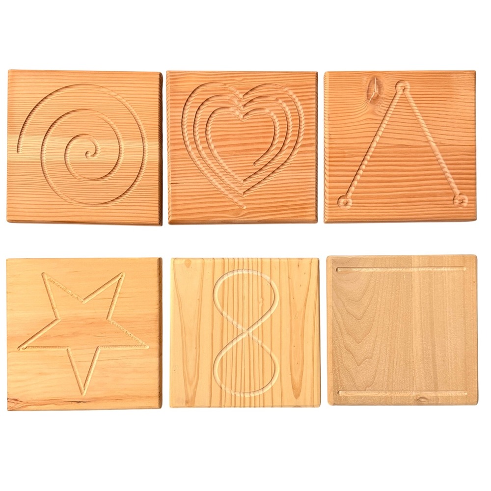 6pc Wooden Sensory Tracing Tiles Montessori Writing Skills Natural Pine Shapes